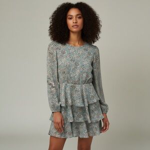 Pink Lily Floral Tiered Ruffle Dress – Dusty Blue Long Sleeve Chiffon Mini